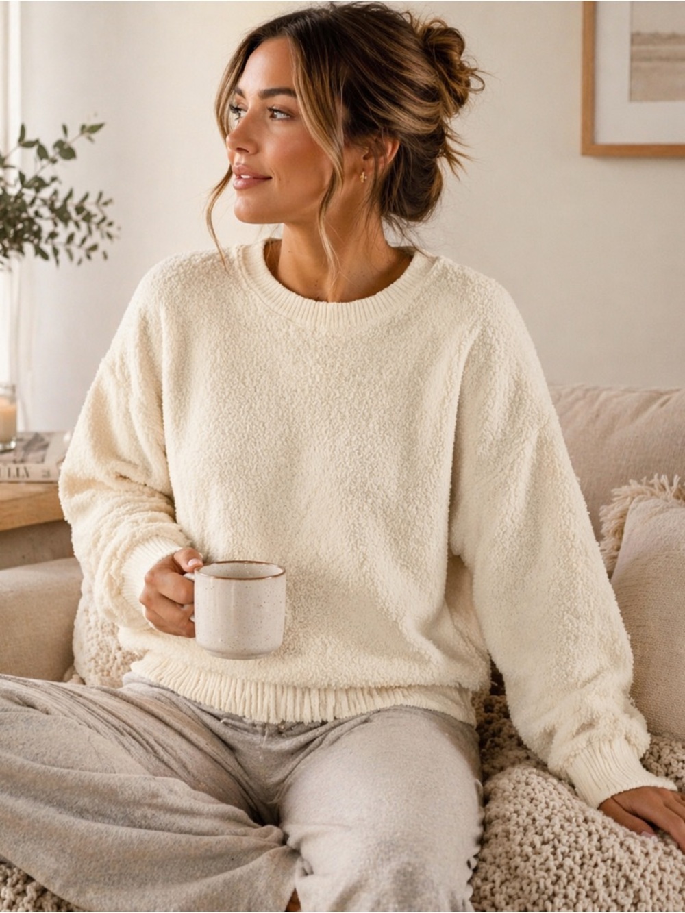 Auden Teddy Fuzzy Pullover Lounge Sweater Cream Size L NWT